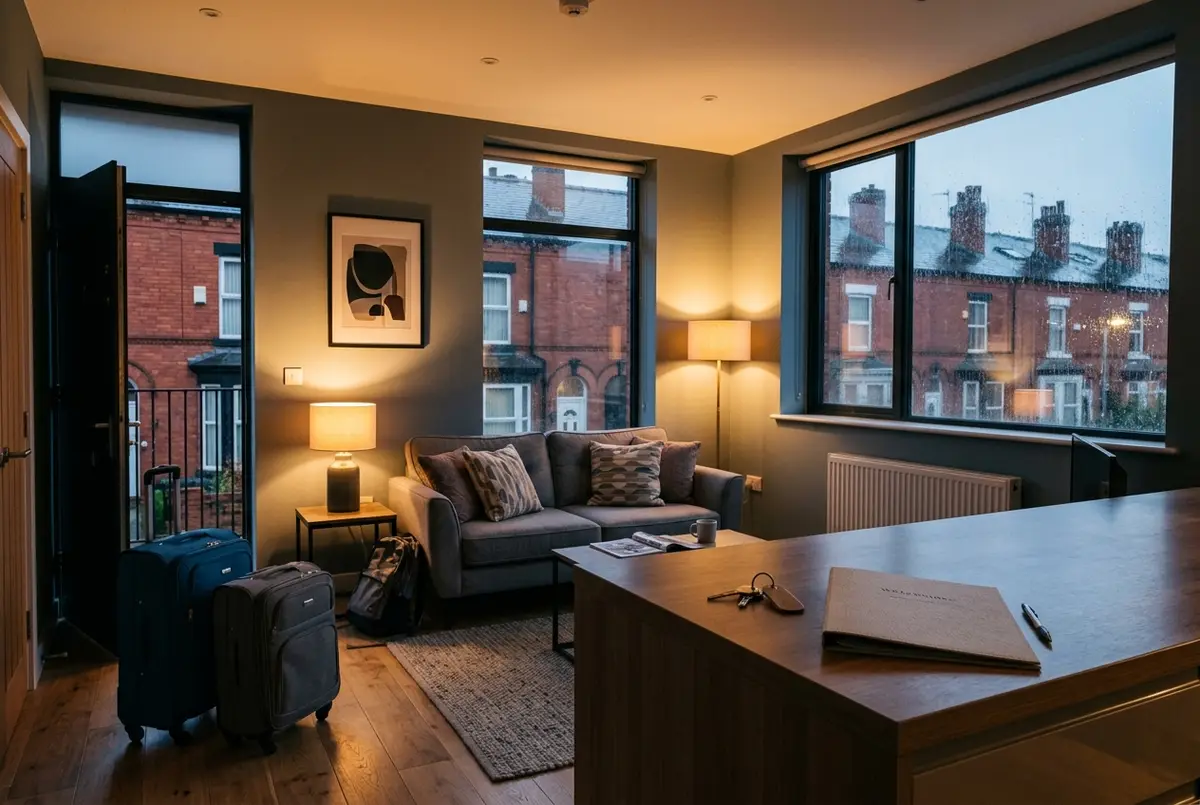 Serviced apartment in Greater Manchester prepared for a displaced family after an escape of water, suitcases by the door and welcome folder on the counter
