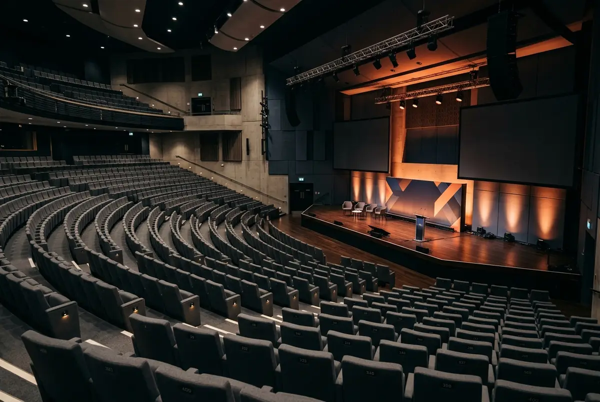 Tiered 400-seat conference auditorium in Birmingham set for a national sales conference, stage lit in warm tones