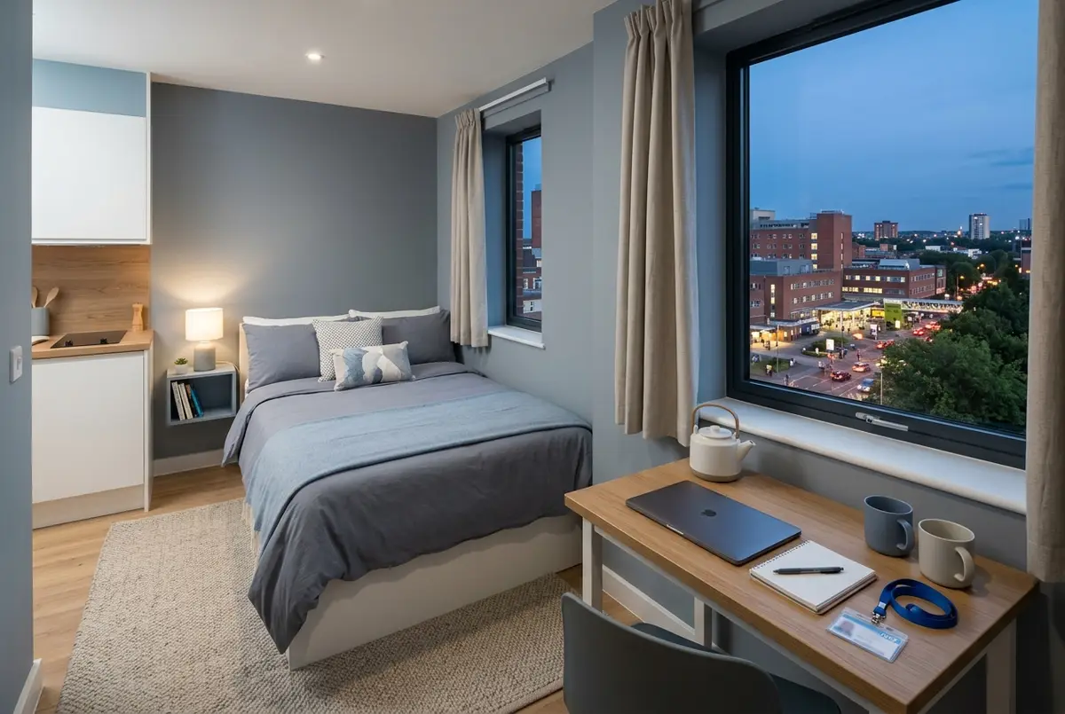 Bright studio apartment prepared for an NHS key worker, with a made bed, desk and view towards a UK city hospital district at dusk