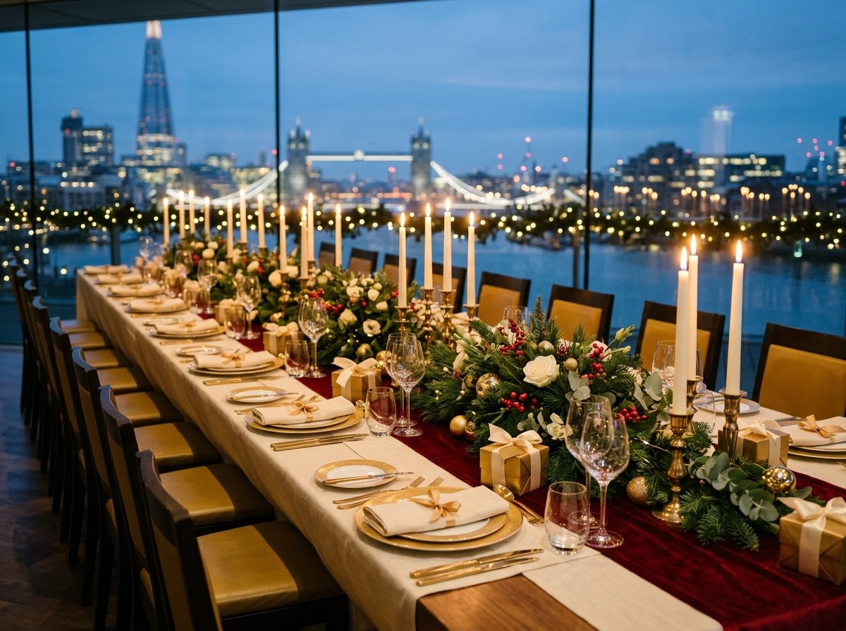 Elegant corporate Christmas dining setting in London with city skyline backdrop, candlelit table, festive centrepieces and gold place settings